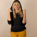 White Sands - Women's Long-Sleeve Hooded Henley in Obsidian (Black) (Front view)