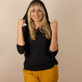 White Sands - Women's Long-Sleeve Hooded Henley in Obsidian (Black) (Front view)