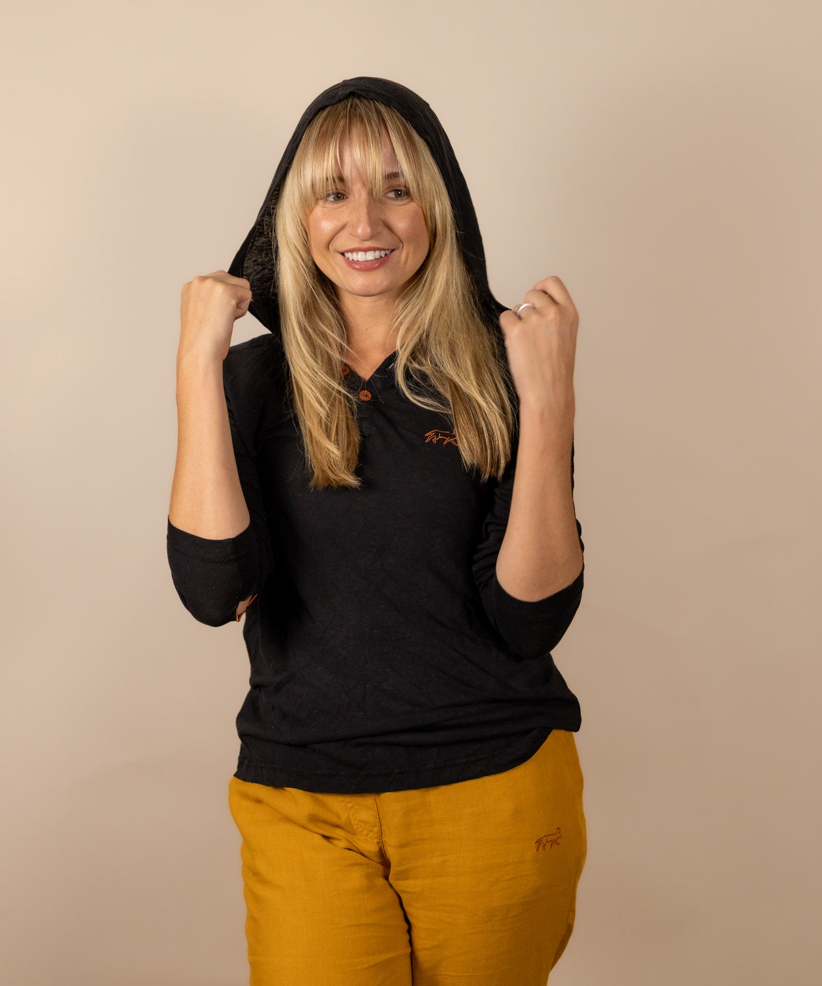 White Sands - Women's Long-Sleeve Hooded Henley in Obsidian (Black) (Front view)