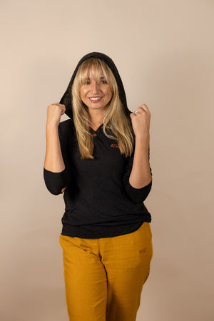 White Sands - Women's Long-Sleeve Hooded Henley in Obsidian (Black) (Front view)