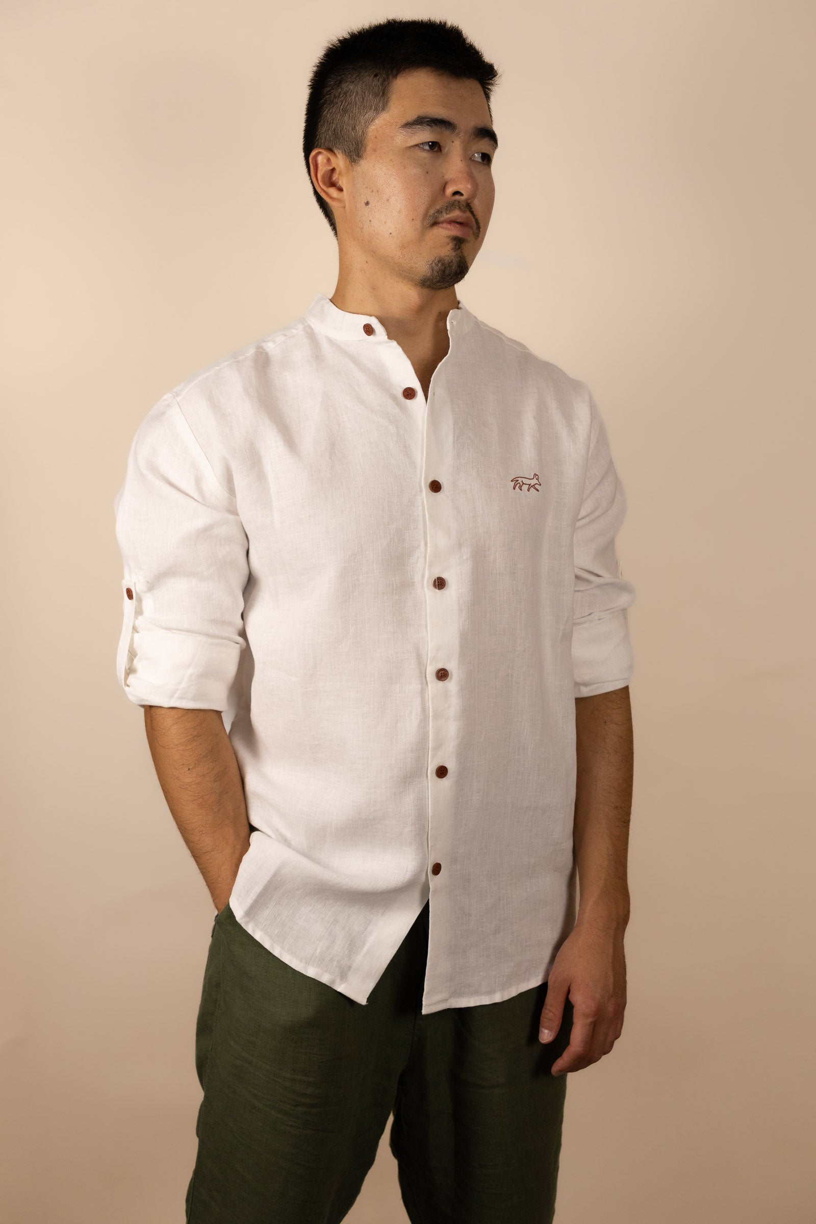 Canyonlands - Men’s Long-Sleeve Ventilated Hemp Shirt in Desert Willow (White) (front view)