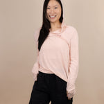 White Sands - Women's Long-Sleeve Hooded Henley in Prickly Pear (Dusty Pink) (Front view with hood on)