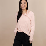 White Sands - Women's Long-Sleeve Hooded Henley in Prickly Pear (Dusty Pink) (Front view with hood on)