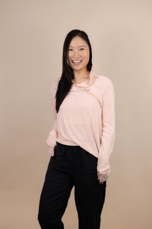 White Sands - Women's Long-Sleeve Hooded Henley in Prickly Pear (Dusty Pink) (Front view with hood on)