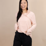 White Sands - Women's Long-Sleeve Hooded Henley in Prickly Pear (Dusty Pink) (Front view with hood on)