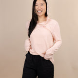 White Sands - Women's Long-Sleeve Hooded Henley in Prickly Pear (Dusty Pink) (Front view with hood on)