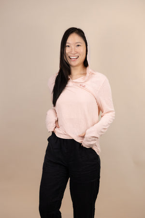 White Sands - Women's Long-Sleeve Hooded Henley in Prickly Pear (Dusty Pink) (Front view with hood on)