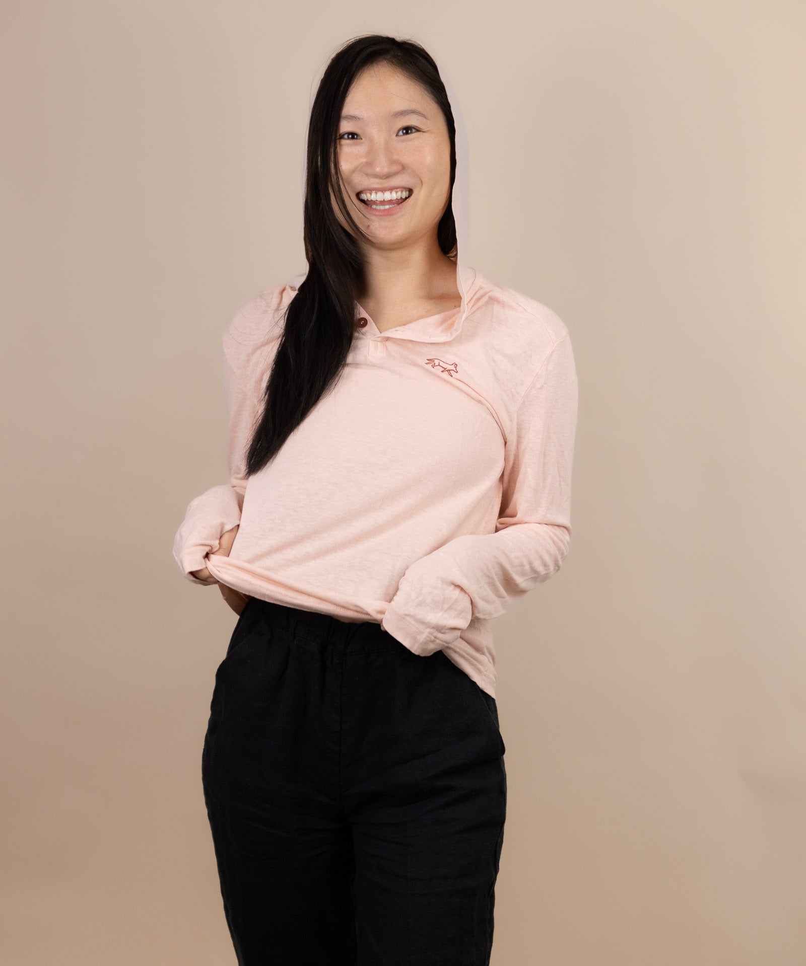 White Sands - Women's Long-Sleeve Hooded Henley in Prickly Pear (Dusty Pink) (Front view)