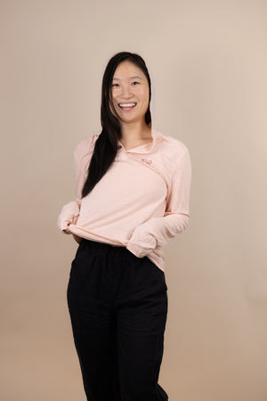 White Sands - Women's Long-Sleeve Hooded Henley in Prickly Pear (Dusty Pink) (Front view)