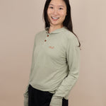 White Sands - Women's Long-Sleeve Hooded Henley in Agave (Light Green) (Front view)