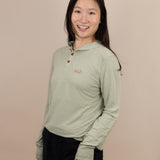 White Sands - Women's Long-Sleeve Hooded Henley in Agave (Light Green) (Front view)