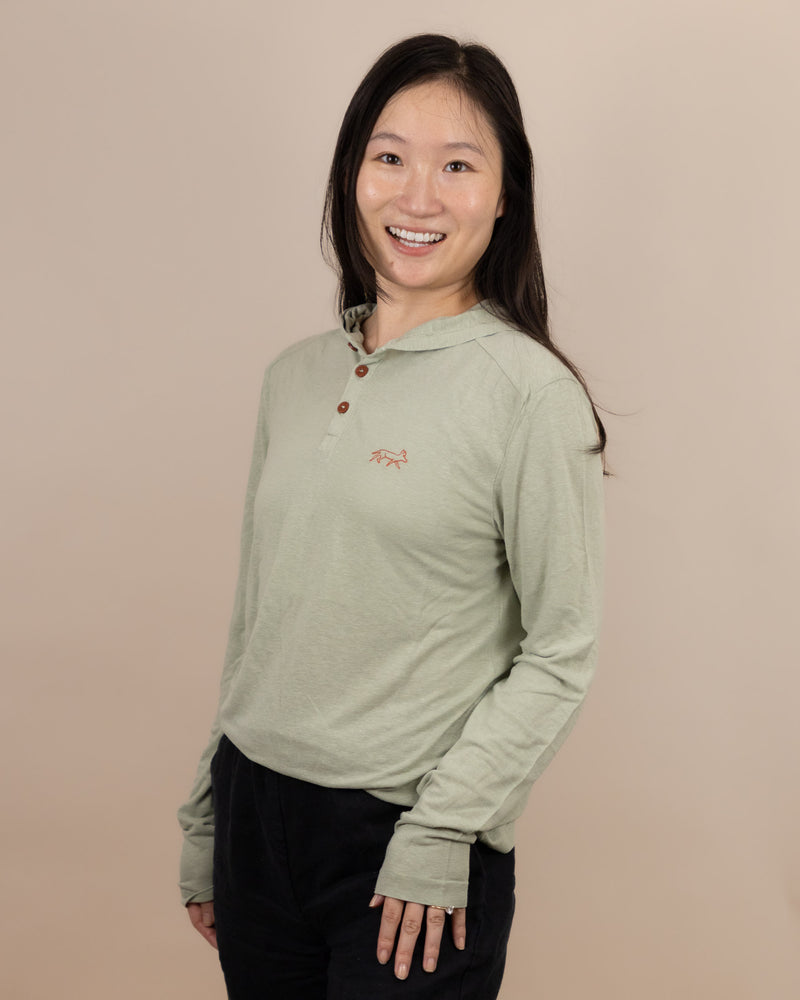 White Sands - Women's Long-Sleeve Hooded Henley in Agave (Light Green) (Front view)