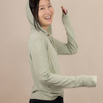 White Sands - Women's Long-Sleeve Hooded Henley in Agave (Light Green) (Side view)