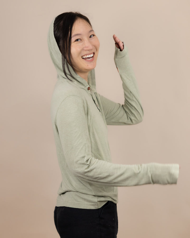 White Sands - Women's Long-Sleeve Hooded Henley in Agave (Light Green) (Side view)