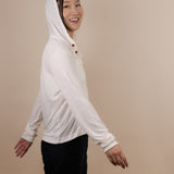 White Sands - Women's Long-Sleeve Hooded Henley in Desert Willow (White)(Side view with hood on)