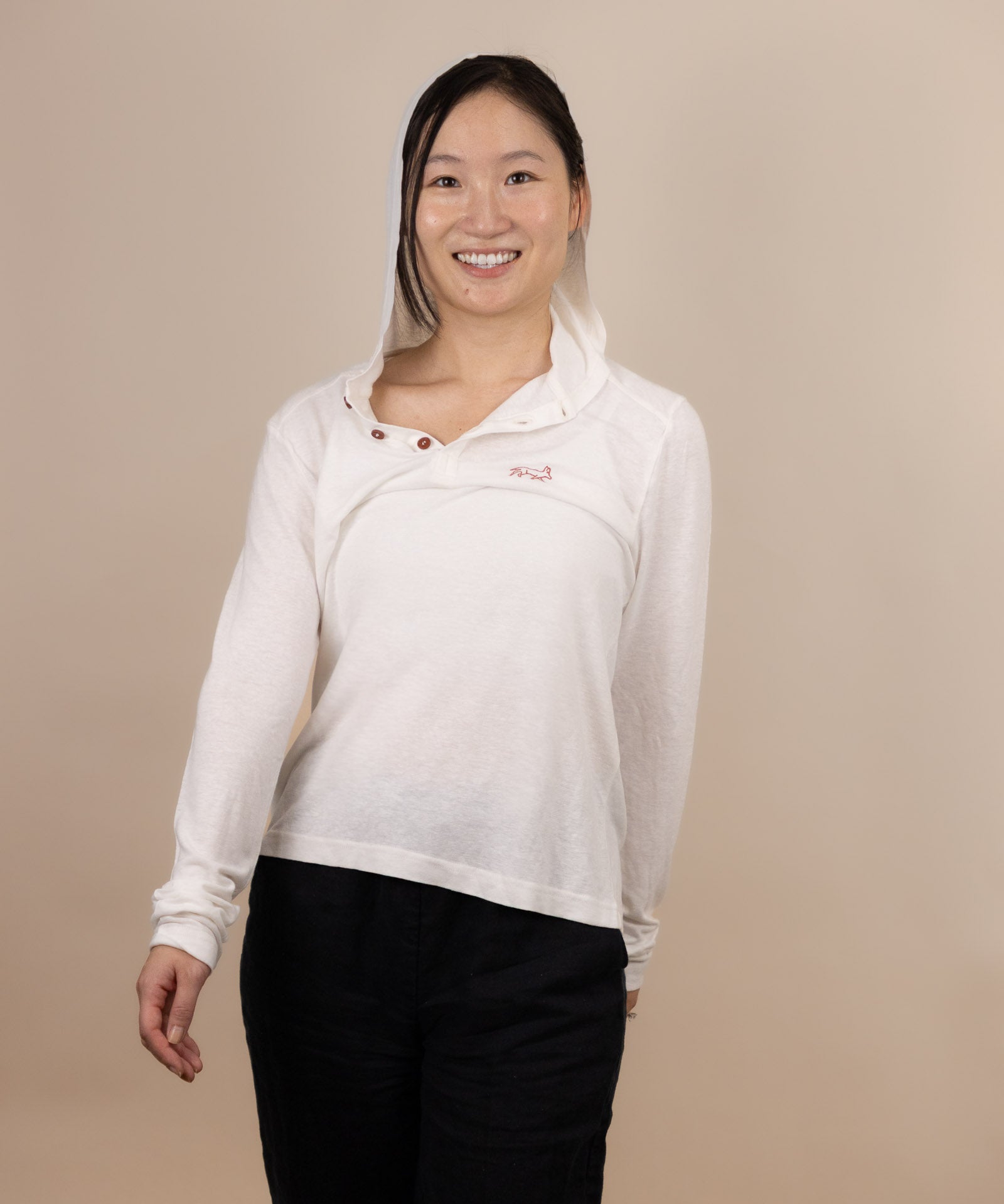 White Sands - Women's Long-Sleeve Hooded Henley in Desert Willow (White) (Front view)