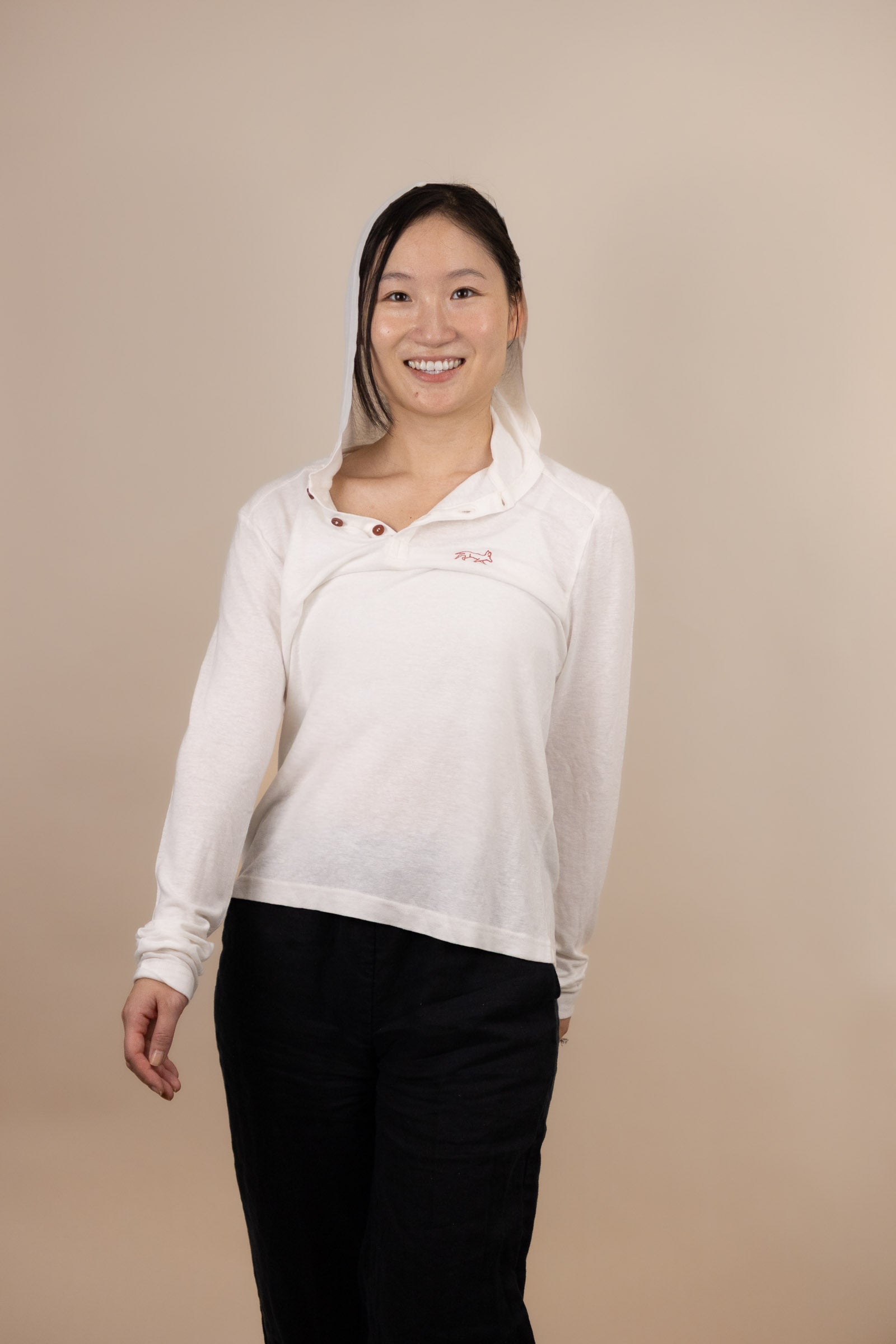 White Sands - Women's Long-Sleeve Hooded Henley in Desert Willow (White) (Front view)