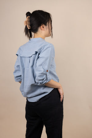 Canyonlands - Women’s Long-Sleeve Ventilated Hemp Shirt in Blue Sage (Light Blue) (back view)