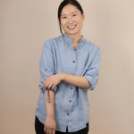 Canyonlands - Women's Long Sleeve Hemp Shirt in light blue, studio view
