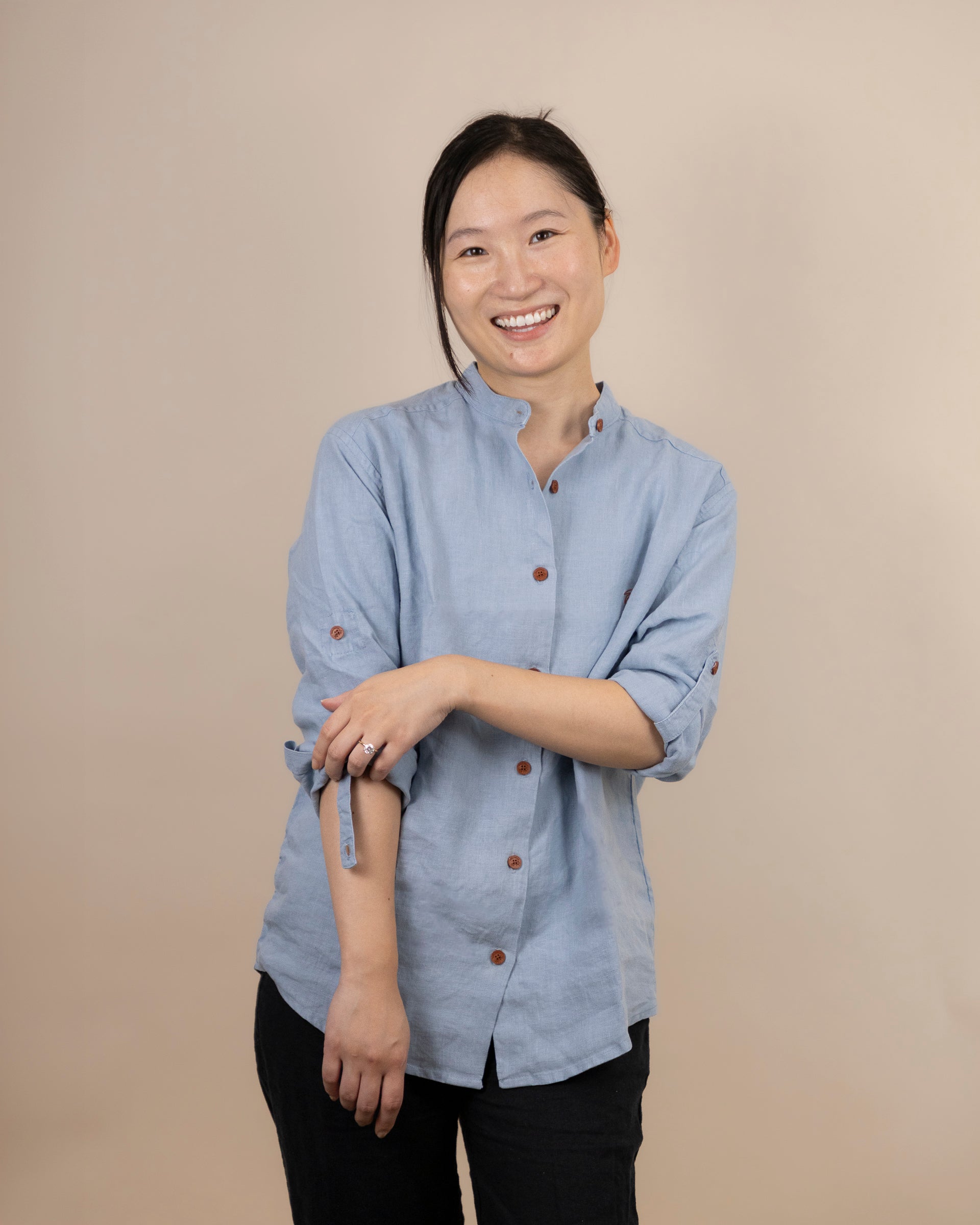 Canyonlands - Women's Long Sleeve Hemp Shirt in light blue, studio view