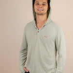 White Sands - Men's Long-Sleeve Hooded Henley in Agave (Light Green) (front view with hood on)