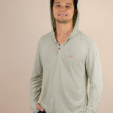 White Sands - Men's Long-Sleeve Hooded Henley in Agave (Light Green) (front view with hood on)