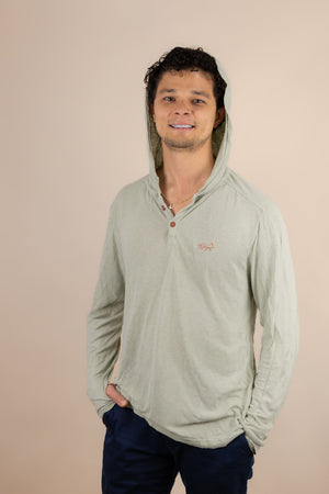 White Sands - Men's Long-Sleeve Hooded Henley in Agave (Light Green) (front view with hood on)