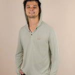 White Sands - Men's Long-Sleeve Hooded Henley in Agave (Light Green) (front view with hood on)