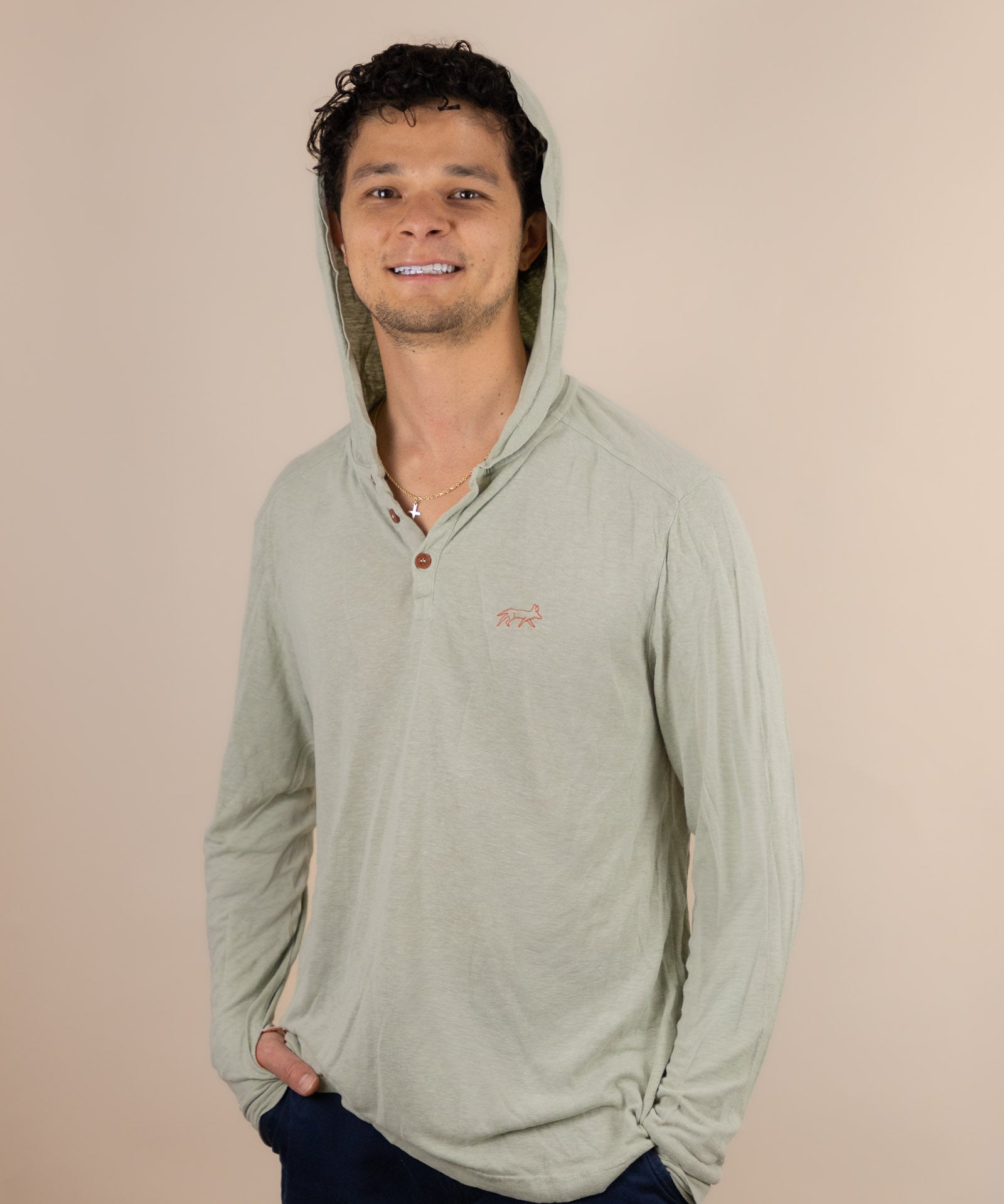 White Sands - Men's Long-Sleeve Hooded Henley in Agave (Light Green) (front view with hood on)