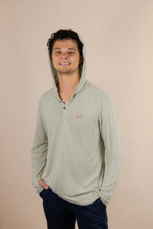 White Sands - Men's Long-Sleeve Hooded Henley in Agave (Light Green) (front view with hood on)