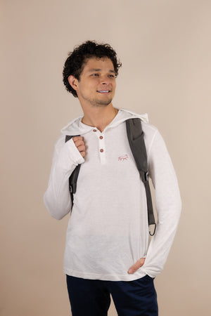 White Sands - Men's Long-Sleeve Hooded Henley in Desert Willow (White) (front view)