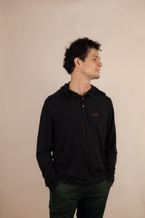 White Sands - Men's Long-Sleeve Hooded Henley in Ironwood (Black) (front view)