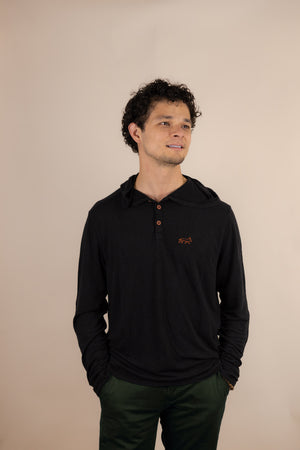 White Sands - Men's Long-Sleeve Hooded Henley in Ironwood (Black) (front view)