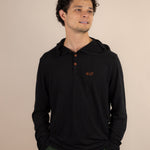 White Sands - Men's Long-Sleeve Hooded Henley in Ironwood (Black) (front view)