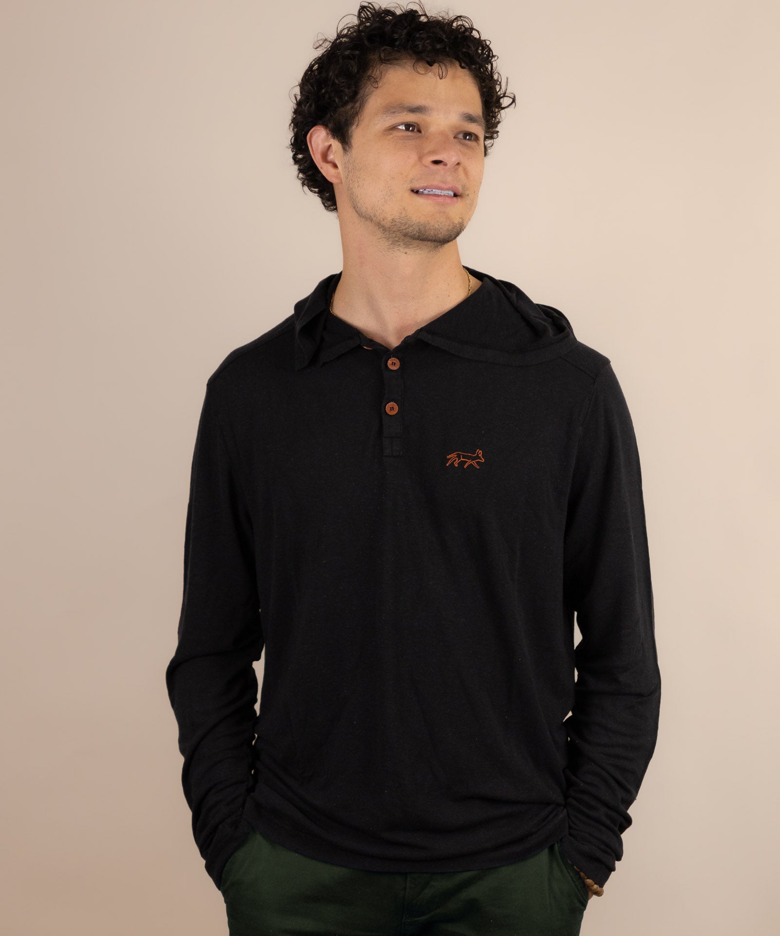 White Sands - Men's Long-Sleeve Hooded Henley in Ironwood (Black) (front view)