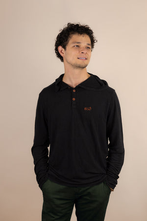 White Sands - Men's Long-Sleeve Hooded Henley in Ironwood (Black) (front view)