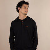 White Sands - Men's Long-Sleeve Hooded Henley in Ironwood (Black) (front view)
