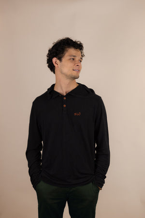 White Sands - Men's Long-Sleeve Hooded Henley in Ironwood (Black) (front view)