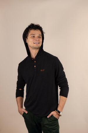 White Sands - Men's Long-Sleeve Hooded Henley in Ironwood (Black) (front view with hood on)