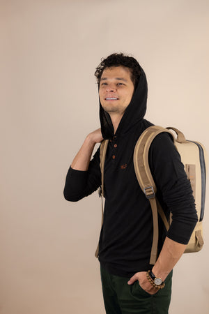 White Sands - Men's Long-Sleeve Hooded Henley in Ironwood (Black) (front view with hood on)