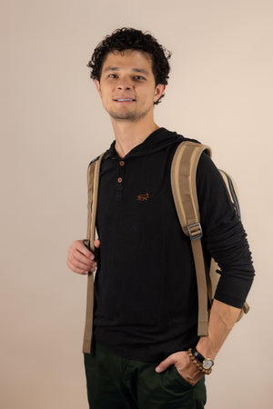 White Sands - Men's Long-Sleeve Hooded Henley in Ironwood (Black) (side view with backpack)