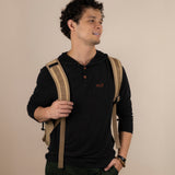 White Sands - Men's Sun Henley with Hideaway Hood in black, studio view