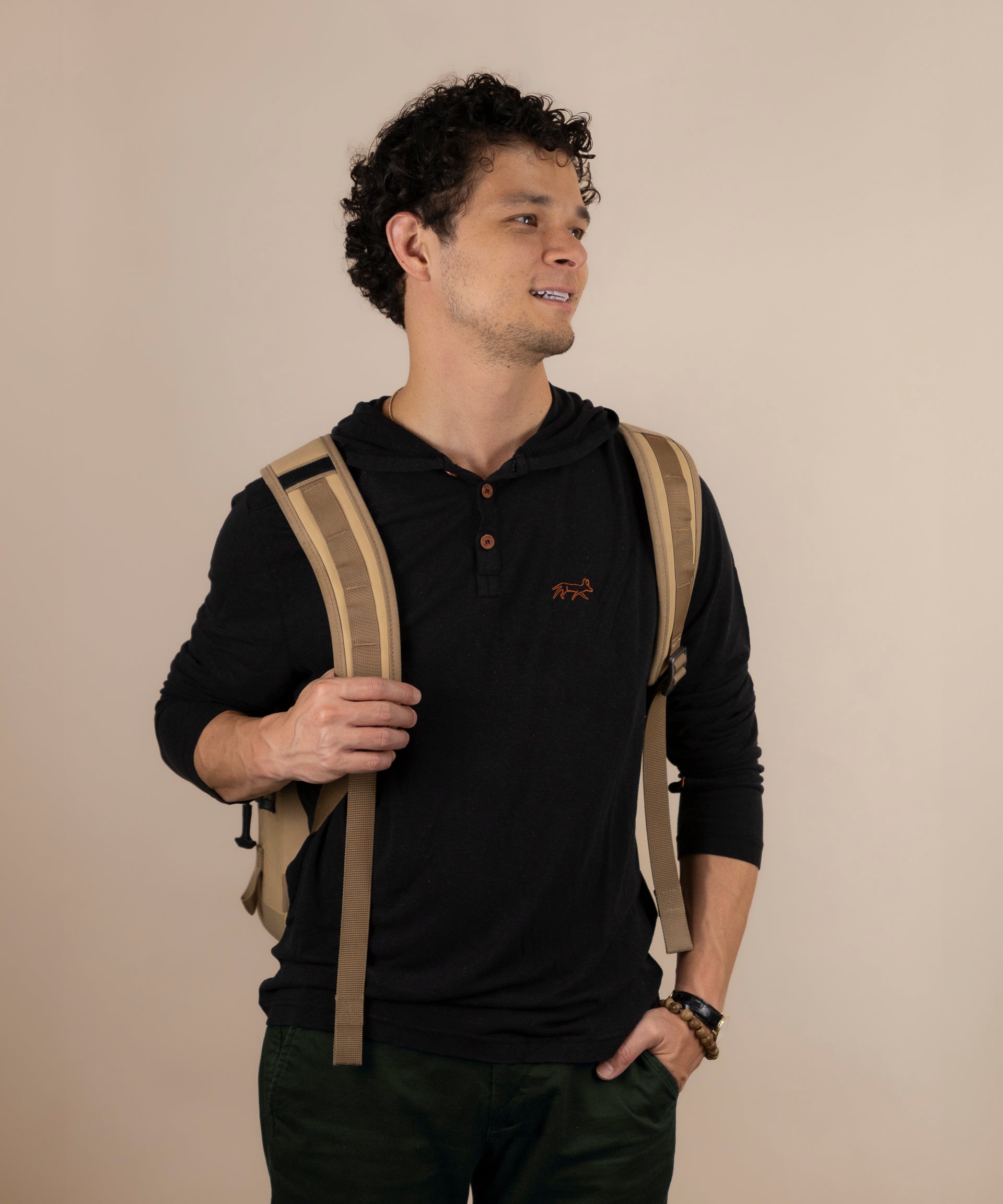 White Sands - Men's Sun Henley with Hideaway Hood in black, studio view