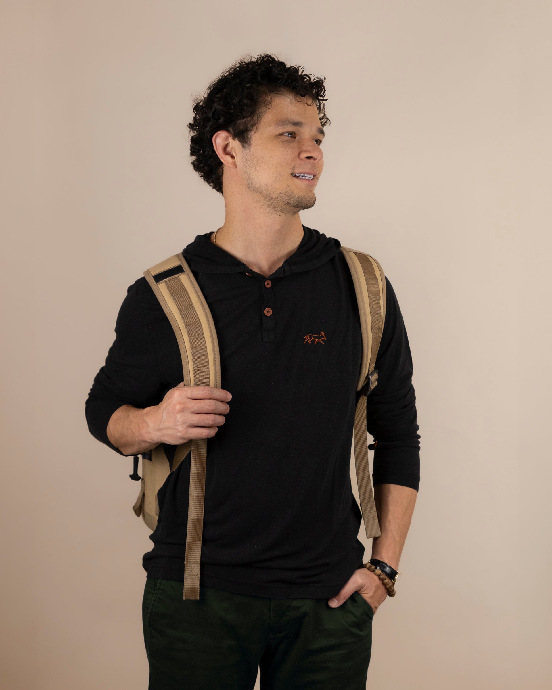White Sands - Men's Sun Henley with Hideaway Hood in black, studio view