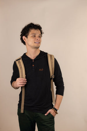 White Sands - Men's Long-Sleeve Hooded Henley in Ironwood (Black) (front view with backpack)
