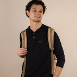 White Sands - Men's Long-Sleeve Hooded Henley in Ironwood (Black) (front view with backpack)