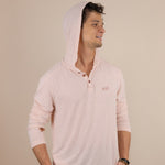 White Sands - Men's Long-Sleeve Hooded Henley in Prickly Pear (Dusty Pink) (front view with hood on)