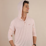 White Sands - Men's Long-Sleeve Hooded Henley in Prickly Pear (Dusty Pink) (front view with hood on)