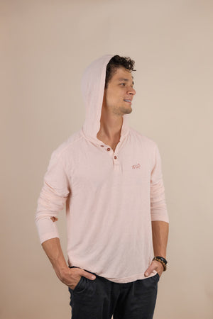 White Sands - Men's Long-Sleeve Hooded Henley in Prickly Pear (Dusty Pink) (front view with hood on)