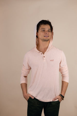 White Sands - Men's Long-Sleeve Hooded Henley in Prickly Pear (Dusty Pink) (front view with hood on)